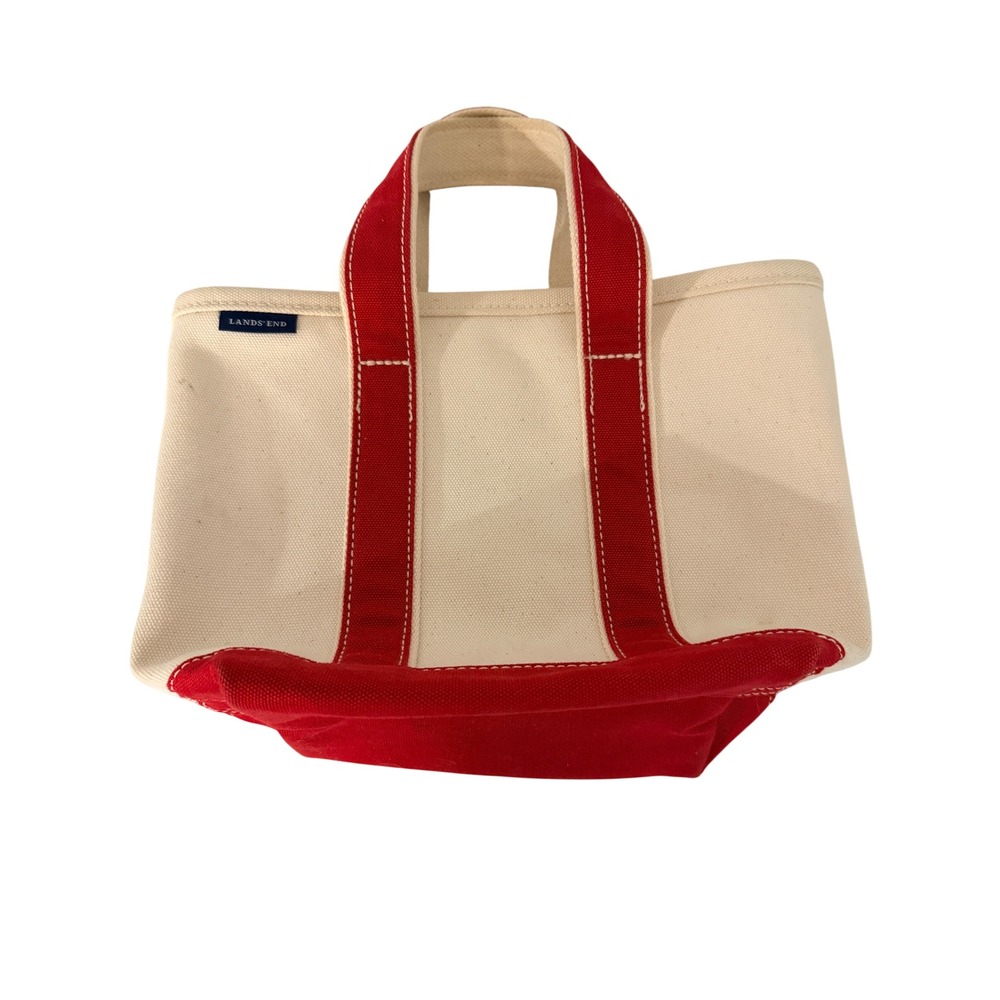 Lands End Canvas Tote Bag Cream Red Small Open Top Heavy Duty Handbag